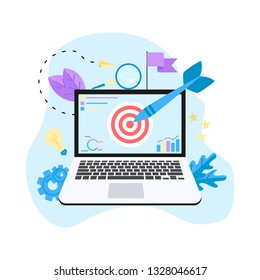 Target with an arrow on laptop, hit the target, goal achievement. Business concept vector illustration