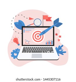 Target with an arrow on monitor, hit the target, goal achievement. Business concept vector illustration	
