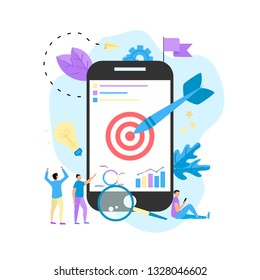 Target with an arrow on smartphone, hit the target, goal achievement. Business concept vector illustration