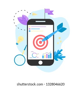Target with an arrow on smartphone, hit the target, goal achievement. Business concept vector illustration