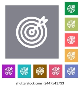 Target and arrow outline flat icons on simple color square backgrounds