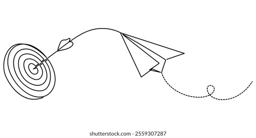 target and arrow with paper plane continuous one line drawing, Target continuous line drawing with color shapes, Paper plane icon isolated on white, Single line drawing of paper plane, Target.