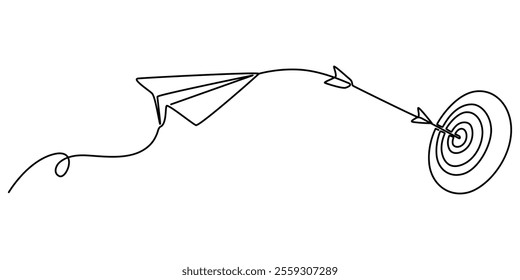 target and arrow with paper plane continuous one line drawing, Target continuous line drawing with color shapes, Paper plane icon isolated on white, Single line drawing of paper plane, Target.