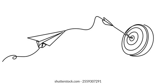 target and arrow with paper plane continuous one line drawing, Target continuous line drawing with color shapes, Paper plane icon isolated on white, Single line drawing of paper plane, Target.