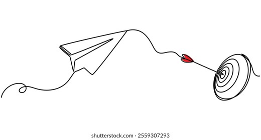 target and arrow with paper plane continuous one line drawing, Target continuous line drawing with color shapes, Paper plane icon isolated on white, Single line drawing of paper plane, Target.