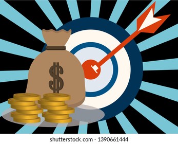 Target with arrow and pile of gold coins. Goal setting. Smart goal. Business target concept. Achievement and success. Vector illustration in flat style