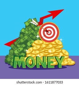 Target arrow and pile of money gold coins, illustration vector cartoon
