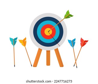 Target with an arrow, precisely on target or miss, goal achievement, archery sport competition. Vector illustration.