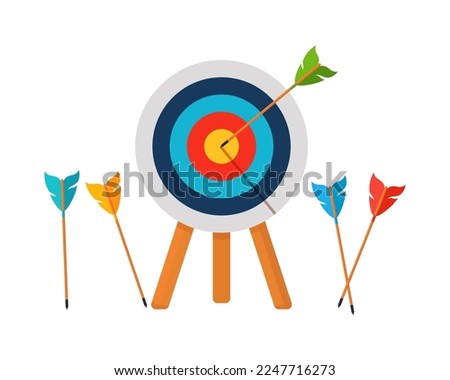 Target with an arrow, precisely on target or miss, goal achievement, archery sport competition. Vector illustration.