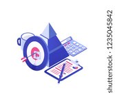 Target and arrow, pyramid, paper document, mug and calculator. Business planning, strategy for project goal achievement, strategic development. Colorful vector illustration in isometric style.