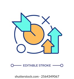 Target with arrow and raising charts RGB color icon. Effective data analytics. Business goal and strategy of development. Isolated vector illustration. Simple filled line drawing. Editable stroke