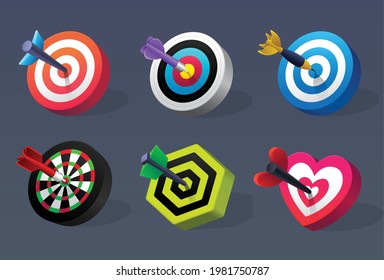 
Target and arrow. set of Business target icon isometric concept. archery. darts. symbolic goals achievement. isolated vector icon for game mobile