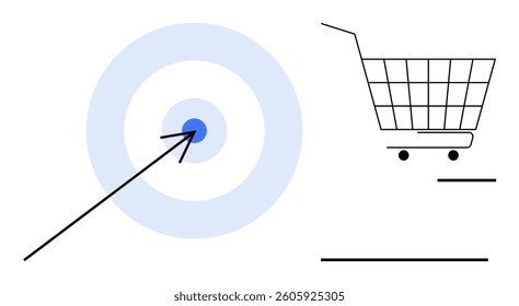 Target with arrow and shopping cart represents reaching goals and consumer behavior. Ideal for business strategy marketing e-commerce goal setting consumer insights motivation and success themes