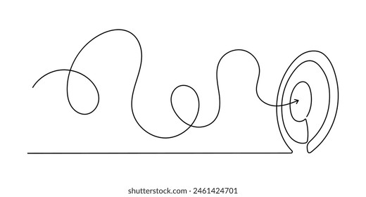 A target with an arrow is a solid line drawing with one line. Side drawn linear meta circle. Vector illustration isolated on white.