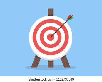 Target with arrow, standing on a tripod. Goal achieve concept. Vector illustration isolated on white background