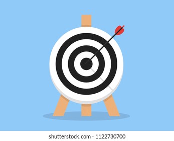 Target with arrow, standing on a tripod. Goal achieve concept. Vector illustration isolated on white background