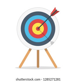 Target with arrow standing on a tripod. Template design for competition winning, goal achievement, victory and business. Concept target market, audience, group, consumer. Vector illustration