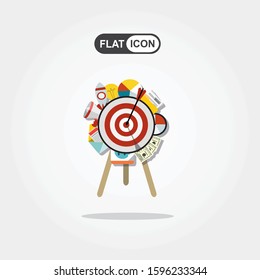 Target with arrow, standing on a tripod. Goal achieve concept. Vector illustration isolated on white background