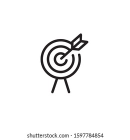 Target with arrow standing on tripod thin line icon. Arrow hitting target isolated outline sign. Goal achieve concept. Vector illustration symbol element for web design and apps.