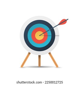 Target with arrow, standing on a tripod. Goal achieve, strategy, success, solution concept. 3d realistic vector illustration isolated on white background. Transparent shadows