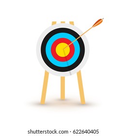 Target with arrow, standing on a tripod. Goal achieve concept. Vector illustration. Isolated on white background