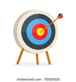 Target with arrow, standing on a tripod. Vector modern flat style cartoon illustration. Isolated on white background.Goal achieve,target concept