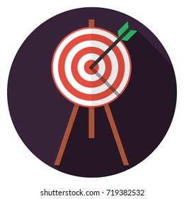 Target with arrow, standing on a tripod icon. Illustration in flat style. Round icon with long shadow.