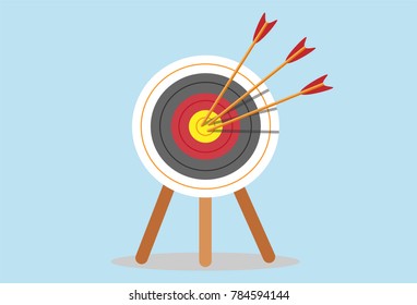 Target with arrow standing on a tripod. Goal achieve concept. Vector illustration isolated on blue background.