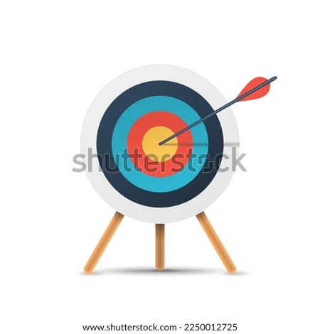 Target with arrow, standing on a tripod. Goal achieve, strategy, success, solution concept. 3d realistic vector illustration isolated on white background. Transparent shadows