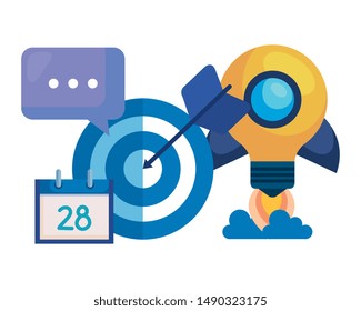 target arrow success with rocket bulb and icons