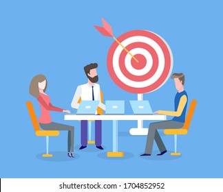 Target with arrow, teamwork and business goals achievements vector. Men and woman with laptops, aim and cooperation, programmers and marketologists