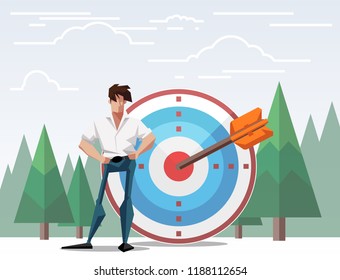 Target with arrow vector illustration banner.goal achievement.business teamwork marketing concept.flat cartoon character design for web mobile
