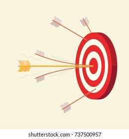 Target with arrows. Arrow hit the target. Business vector illustration, flat, concept. 
