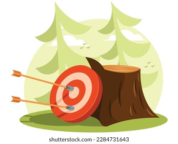 Target with arrows attached to a stump on the background of nature. Vector graphics