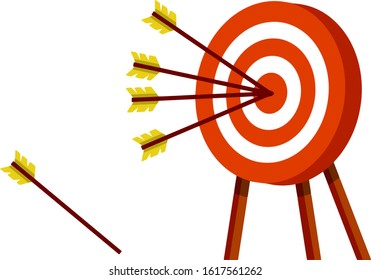 Target for arrows. Business concept several attempts. Shooting and championship. Cartoon flat illustration. Hit and miss on target. Red and white aim. Competition and victory