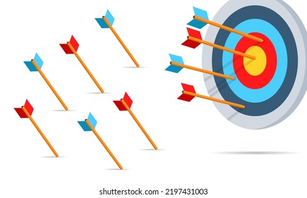 Target with arrows flat vector illustration. Shot in bullseye. Failure shot. Hit on target. Business success concept.