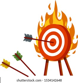 Target for arrows. Hit and miss. Red and white fire aim. Business concept several attempts. Competition and victory. Shooting and championship. Cartoon flat illustration. burning object