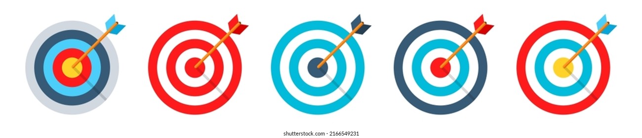 Target with arrows icons. Shot with target. Goal sign. Shoting on bullseye. Business idea concept. Success and luck on business. Vector set.