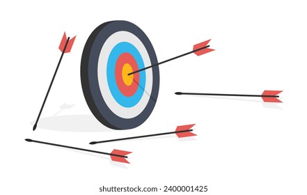 Target with arrows. Lots arrows missed hitting target mark and only one hits the center. No need to be upset, try a lot, you will definitely achieve your goals. Business concept. Flat Vector isolated