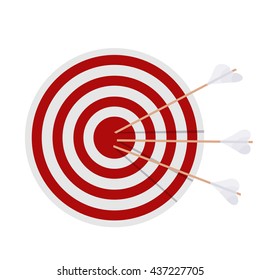 Target with arrows on white background. Cartoon illustration of a target, which was struck 
by three arrows. Stock vector illustration