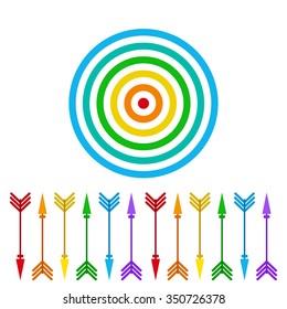 Target and arrows in rainbow flat style. Darts set isolated on white background.