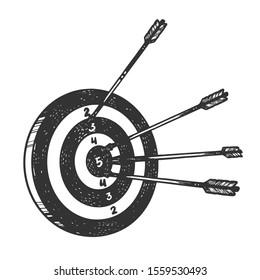 Target with arrows sketch engraving vector illustration. T-shirt apparel print design. Scratch board style imitation. Black and white hand drawn image.