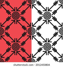 Target arrows, square grid seamless pattern. Black lines, icon flat style. Goal progress, business concept. Red, White easy editable background. Vector