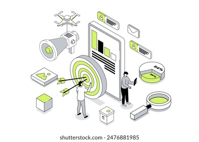 Target audience 3d isometric concept in outline isometry design for web. People study market data and customer trends, sets focus aim, create advertising for attract new clients. Vector illustration.