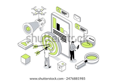 Target audience 3d isometric concept in outline isometry design for web. People study market data and customer trends, sets focus aim, create advertising for attract new clients. Vector illustration.