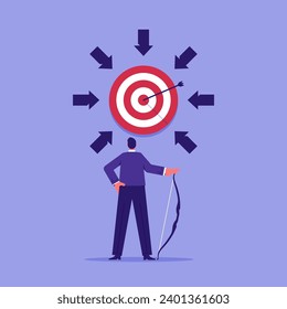 Target audience for advertising or purpose for career development concept, focus on business target, setting goal for motivation, businessman shooting bow on target bullseye