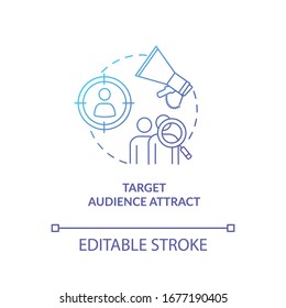 Icono de concepto de atracción y análisis del público objetivo. Ilustración de línea delgada de la estrategia de marketing. Promoción de productos de estudio creativo. Dibujo de color RGB con contorno aislado del vector