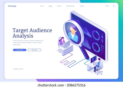 Target audience analysis banner. Customer focus group analytics, research user experience, marketing business strategy concept. Vector landing page with isometric people and client profile on screen