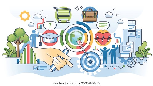 Análisis de la audiencia objetivo para un concepto efectivo de manos de esquema de campaña de marketing. Investigación comunitaria para una publicidad precisa con influencia y Ilustración vectorial de Comentarios. Segmentación de anuncios de empresa.