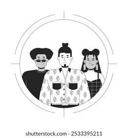 Target audience black and white 2D illustration concept. Niche business. Market segmentation. Focus customers multiracial outline characters isolated. Digital marketing metaphor monochrome vector art